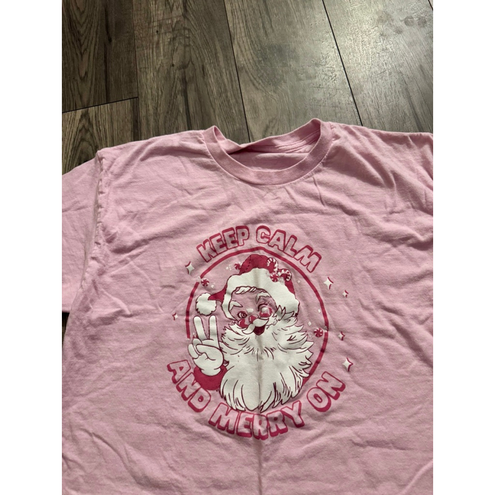 Girly Pink Santa Graphic Tee - Keep Calm and Merry On Size Large - Picture 4 of 4
